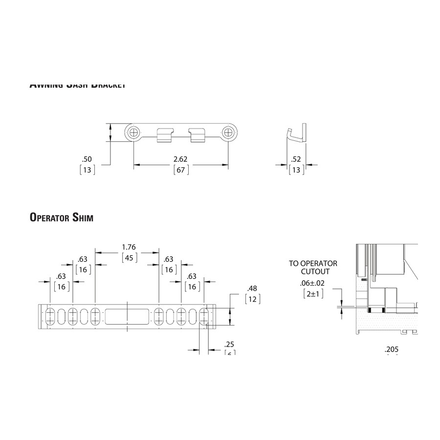 Optima awning sash bracket and operator shim technical drawings
