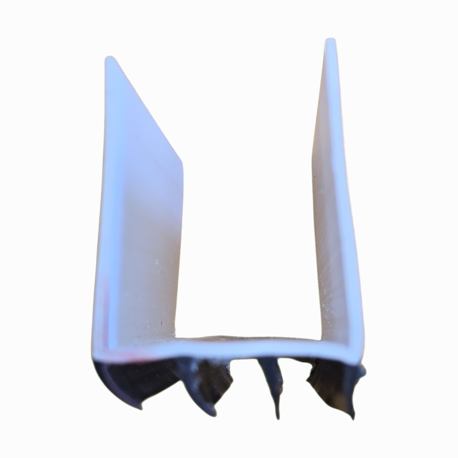 White four-fin vinyl door sweep profile with a narrow deep channel