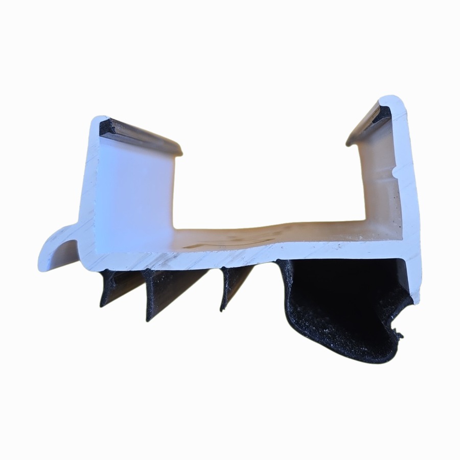 White kerf-mount vinyl door sweep profile with fins and a black bulb seal