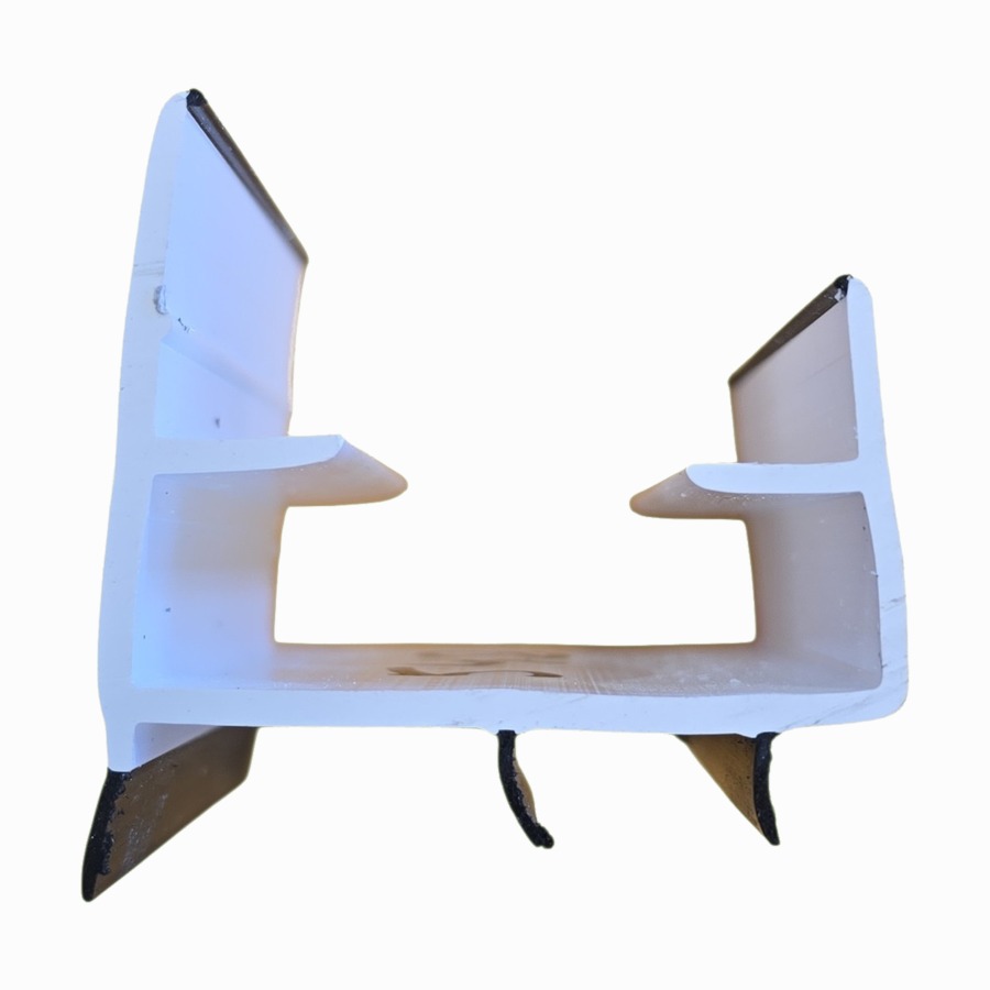White multi-fin vinyl door sweep profile with a deep U-channel body