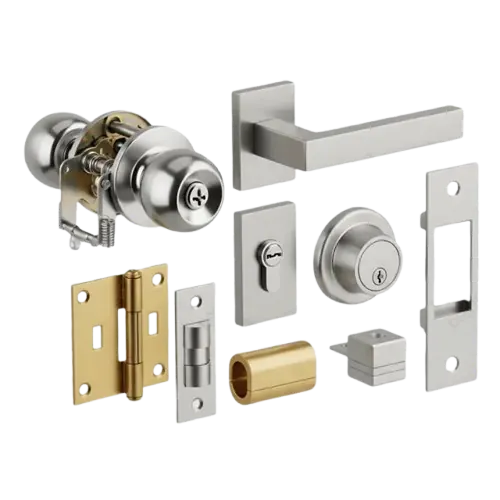 Door hardware components including hinges, sweeps, and lock parts