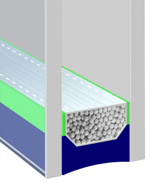 Cutaway diagram of an insulating glass spacer showing secondary sealant and desiccant fill