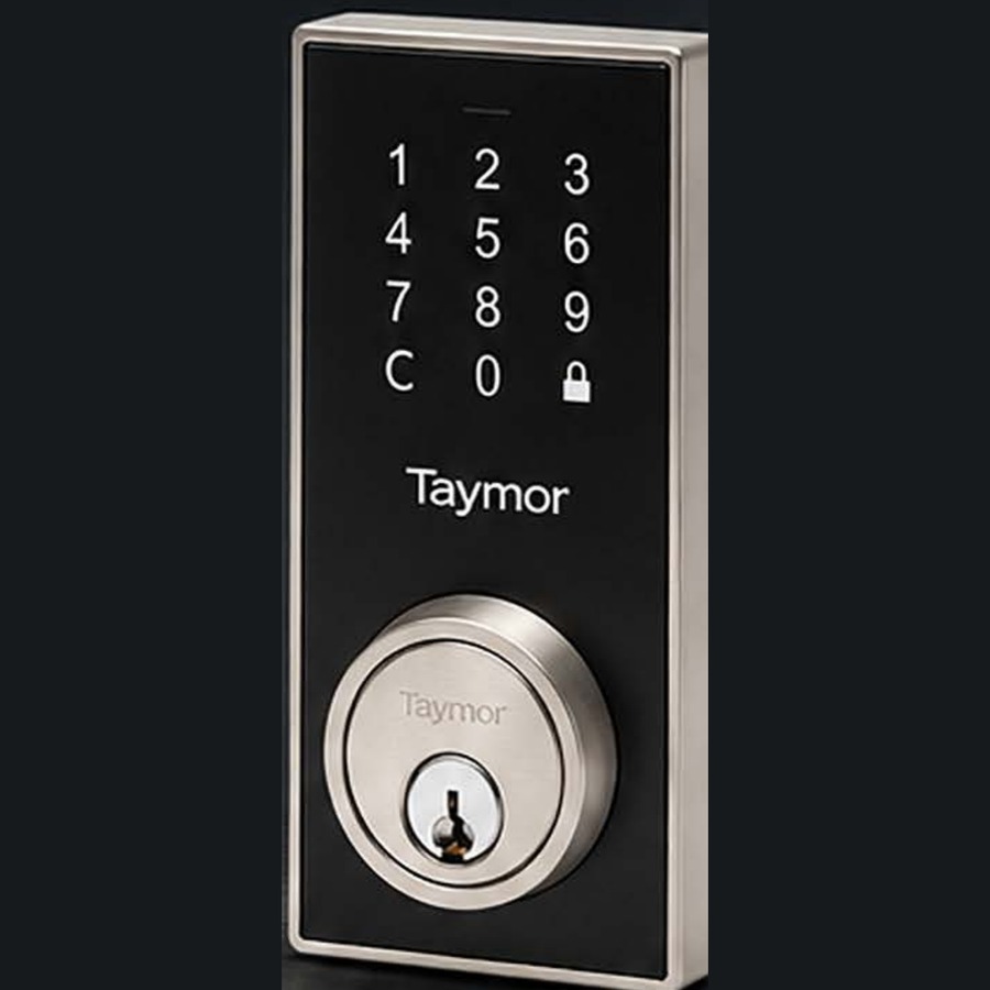 Taymor Centinel 3 digital deadbolt in satin nickel on a dark entry door