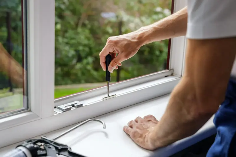 Technician installing window hardware on a white window frame